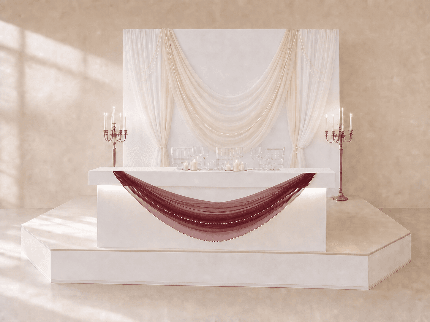 Концепт главной сцены DANIR DECOR с бордовым текстилем и мягкой вуалью